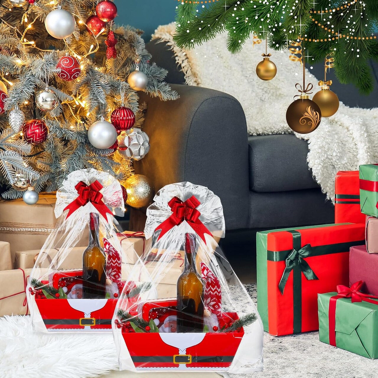 12 Pack 12x10x4 Christmas Gift Baskets Empty Bulk, Includes 12 Cardboard Baskets with Handles, 12 Plastic Bags and 12 Bows, Cardboard Tray Large Gift Baskets Kit for Holiday(Santa)